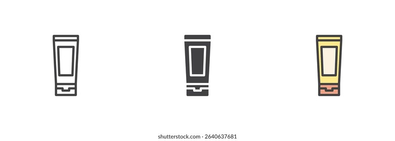 Toothpaste tube icon in three vector styles: line, solid, and filled outline. Dental hygiene bathroom care symbol icon for oral health.