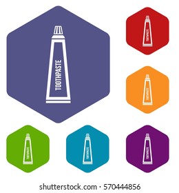 Toothpaste in tube icons set rhombus in different colors isolated on white background