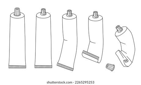 Toothpaste tube outline illustrations set. Different stages of using. Dental care concept. Simple line vector design. Editable stroke.