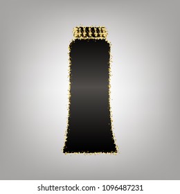 Toothpaste tube sign illustration. Vector. Blackish icon with golden stars at grayish background.