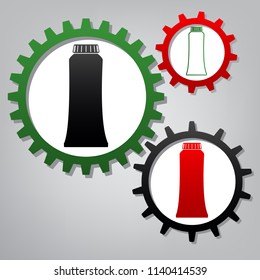 Toothpaste tube sign illustration. Vector. Three connected gears with icons at grayish background.