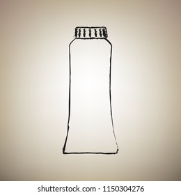 Toothpaste tube sign illustration. Vector. Brush drawed black icon at light brown background.