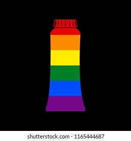 Toothpaste tube sign illustration. Vector. Icon with colors of LGBT flag at black background.