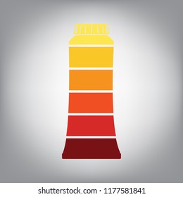 Toothpaste tube sign illustration. Vector. Horizontally sliced icon with colors from sunny gradient in gray background.