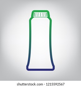 Toothpaste tube sign illustration. Vector. Green to blue gradient contour icon at grayish background with light in center.