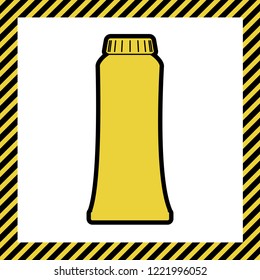 Toothpaste tube sign illustration. Vector. Warm yellow icon with black contour in frame named as under construction at white background. Isolated.