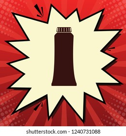 Toothpaste tube sign illustration. Vector. Dark red icon in lemon chiffon shutter bubble at red popart background with rays.