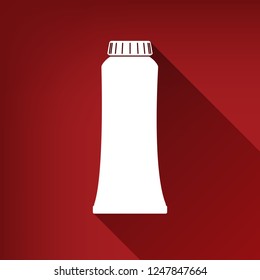 Toothpaste tube sign illustration. Vector. White icon with limitless shadow at ruby red background.
