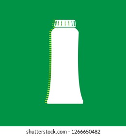 Toothpaste tube sign illustration. Vector. White flat icon with yellow striped shadow at green background.