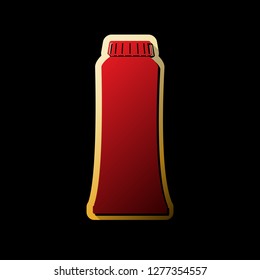 Toothpaste tube sign illustration. Vector. Red icon with small black and limitless shadows at golden sticker on black background.