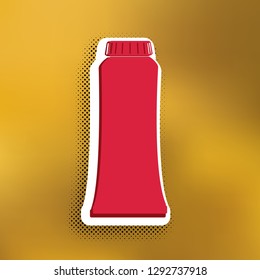 Toothpaste tube sign illustration. Vector. Magenta icon with darker shadow, white sticker and black pop art shadow on golden background.