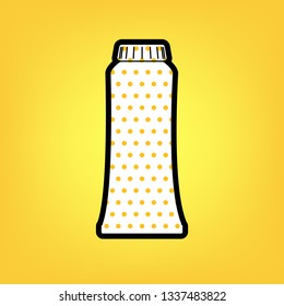 Toothpaste tube sign illustration. Vector. Yellow polka dot white icon with black contour at warm yellow background.