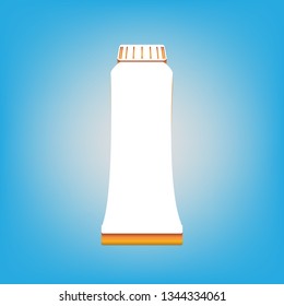 Toothpaste tube sign illustration. Vector. White icon with 3d warm-colored gradient body at sky blue background.