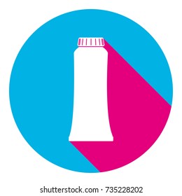 Toothpaste tube sign illustration. Vector. Flat white icon with mexican pink shadow inside sky blue(S and G) circle at white background. Isolated. Trend colors in 2017.