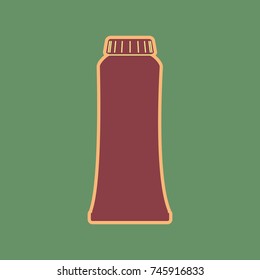 Toothpaste tube sign illustration. Vector. Cordovan icon and mellow apricot halo with light khaki filled space at russian green background.