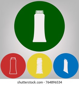 Toothpaste tube sign illustration. Vector. 4 white styles of icon at 4 colored circles on light gray background.