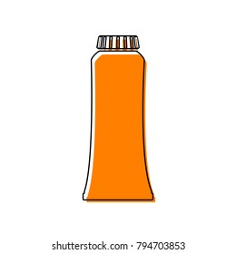 Toothpaste tube sign illustration. Vector. Black line icon with shifted flat orange filled icon on white background. Isolated.