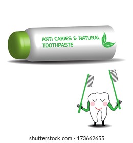 Toothpaste tube with the text anti caries and natural toothpaste and a small tooth holding toothbrushes