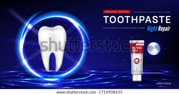 Toothpaste tube and tooth in glowing sphere on\
water surface on background of night sky. Vector realistic brand\
poster with product for dental care, night repair. Promo banner,\
advertising\
background
