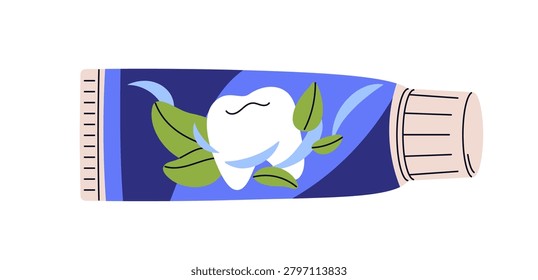 Toothpaste tube. Tooth paste with mint herbal flavor. Dental oral care and hygiene product in packaging. Teeth cleaning and whitening pack. Flat vector illustration isolated on white background