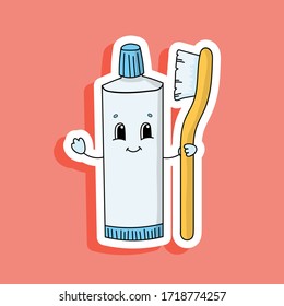 Toothpaste Tube With Toothbrush. Bright color sticker. Cartoon character. Vector illustration. Design element. With white contour.