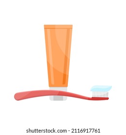 Tubo de pasta dental y cepillo de dientes con ilustración plana vectorial de palma. Baño para la higiene bucal diaria aislado. Limpieza dental antibacteriana oral proteger la pasta y cepillar cuidado de belleza