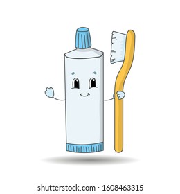 Toothpaste Tube With Toothbrush. Cute character. Colorful vector illustration. Cartoon style. Isolated on white background. Design element.
