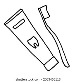 Toothpaste tube and toothbrush hand drawn outline doodle icon. Hygiene, daily dental care, tooth cosmetics medical concept. toothpaste tube brush, vector sketch illustration