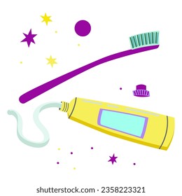 toothpaste in a tube and a toothbrush icon vector drawing in flat style.