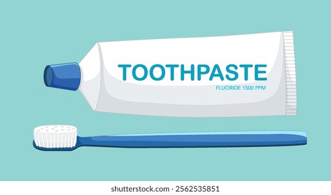 Toothpaste tube and toothbrush on a blue background