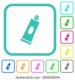 Toothpaste tube vivid colored flat icons in curved borders on white background