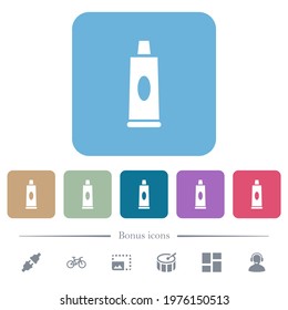 Toothpaste tube white flat icons on color rounded square backgrounds. 6 bonus icons included
