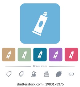 Toothpaste tube white flat icons on color rounded square backgrounds. 6 bonus icons included