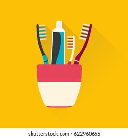 Toothpaste tubes and toothbrush. Hygiene and cleaning teeth. Vector illustration.