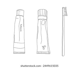 Tubos y cepillos de dientes. Ilustración de estilo de esbozo. Higiene bucal, cuidado de los dientes