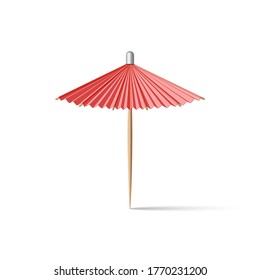 Toothpick cocktail umbrella, red paper miniature parasol, realistic 3d vector model isolated on the white