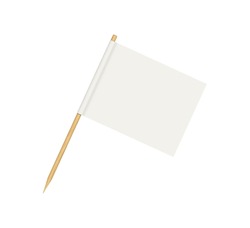 Toothpick flag. Blank flag on wooden stick. Wood toothpick with white paper banner for food and cocktail decoration. Reactangle forms of pennant. Realistic 3d vector isolated on white background.