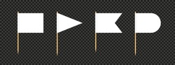 Toothpick flag. Blank flag on wooden stick. Wood toothpick with white paper banner for food and cocktail decoration. Different forms of pennant. Realistic 3d vector isolated on transparent background.