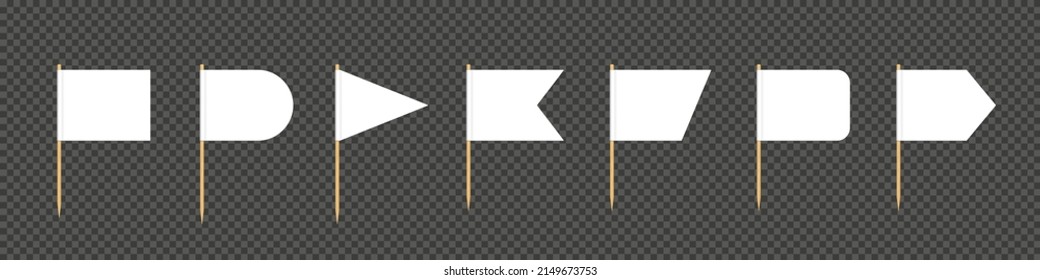 Bandera de los palillos. Bandera en blanco sobre un palo de madera. Selección de dientes de madera con banner de papel blanco para la decoración de comida y cóctel. Diferentes formas de penitencia. Vector 3d realista aislado en un fondo transparente.