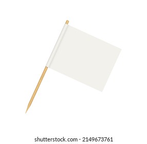 Toothpick flag. Blank flag on wooden stick. Wood toothpick with white paper banner for food and cocktail decoration. Reactangle forms of pennant. Realistic 3d vector isolated on white background. svg
