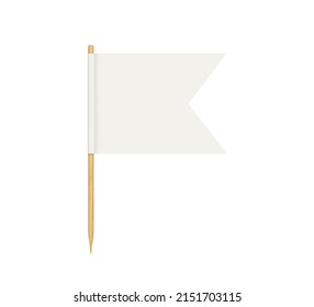 Toothpick flag. Blank flag on wooden stick. Wood toothpick with white paper banner for food and cocktail decoration. Double edge of pennant. Realistic 3d vector isolated on white background.