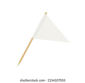 Bandera de los palillos. Bandera en blanco sobre un palo de madera. Selección de dientes de madera con banner de papel blanco para la decoración de comida y cóctel. Formas triangulares de inclinación. Vector 3d realista aislado en fondo blanco.