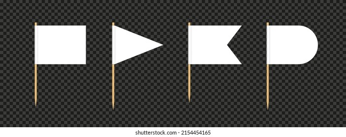 Toothpick flag. Blank flag on wooden stick. Wood toothpick with white paper banner for food and cocktail decoration. Different forms of pennant. Realistic 3d vector isolated on transparent background. svg