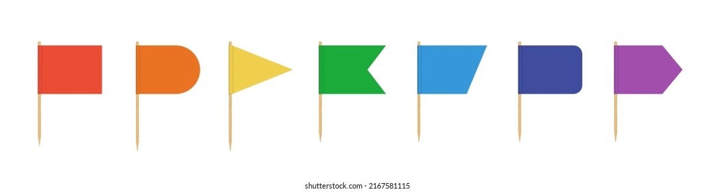 Toothpick flag. Blank flag on wooden stick. Wood toothpick with white paper banner for food and cocktail decoration. Different forms of color pennant. Realistic 3d vector isolated on white background. svg