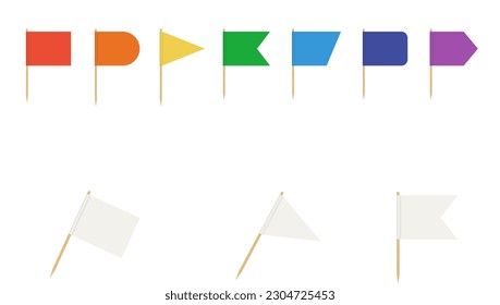 Toothpick flag. Blank flag on wooden stick. Wood toothpick with white paper banner for food and cocktail decoration. Different forms of color pennant. Realistic 3d vector isolated on white background.