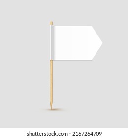 Toothpick flag isolated on wood stick with white paper. Realistic little tooth pick for lunch. Vector cocktail decoration. svg