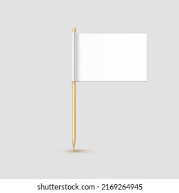 Toothpick flag isolated on wood stick with white paper. Realistic little tooth pick for lunch. Vector cocktail decoration.