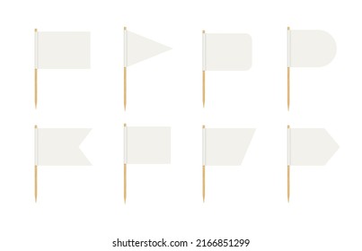 Toothpick flags. Blank flag on wooden stick. Wood toothpick with white paper banner for food and cocktail decoration. Different forms of pennant. Realistic 3d vector isolated on white background. svg