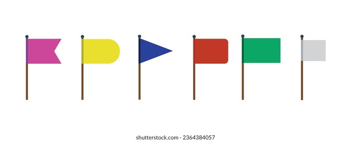 Toothpick flags, colored banners of different shapes on wooden pointed sticks. Oval, triangular, rectangular and double edge pennants isolated 