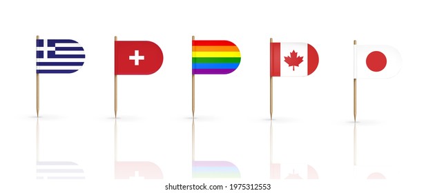 Toothpick Flags Of Countries Greece, Switzerland, Canada And Japan With LGBT Rainbow Pennant On Wooden Pointed Sticks. Oval Edge National Banners Isolated On White Background, Realistic 3d Vector Set